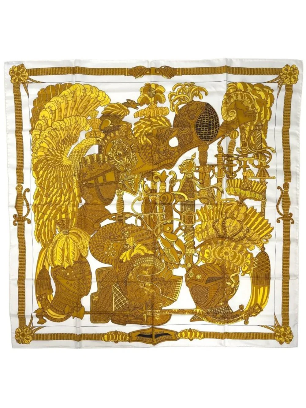 Hermes Carre 90 Armets en Panache Feathered Knight Helmet Scarf Silk White